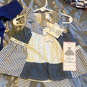 Rare Editions Blue and White Baby Dress Set